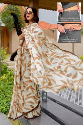 cream leaf print satin georgette ready to wear saree | pre draped party wear saree 2