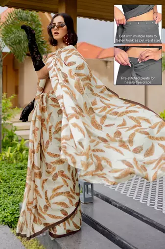 cream leaf print satin georgette ready to wear saree | pre draped party wear saree