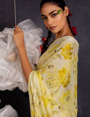 yellow floral print chiffon ready to wear saree | pre draped party wear saree 5