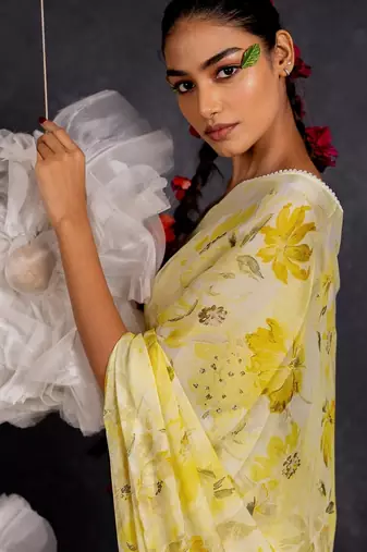 yellow floral print chiffon ready to wear saree | pre draped party wear saree