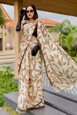cream leaf print satin georgette ready to wear saree | pre draped party wear saree 1