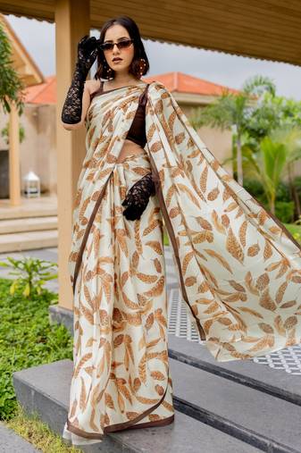 cream leaf print satin georgette ready to wear saree | pre draped party wear saree