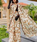 cream leaf print satin georgette ready to wear saree | pre draped party wear saree