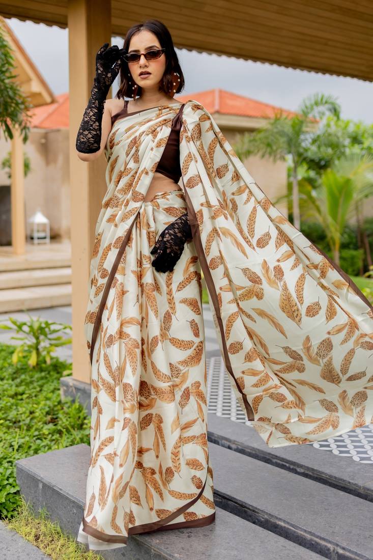 cream leaf print satin georgette ready to wear saree | pre draped party wear saree