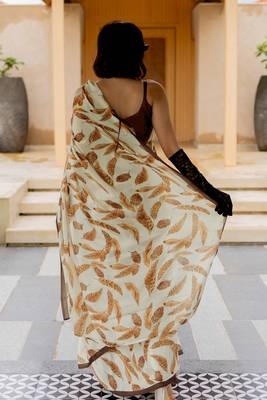 cream leaf print satin georgette ready to wear saree | pre draped party wear saree 3
