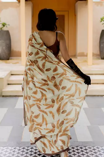 cream leaf print satin georgette ready to wear saree | pre draped party wear saree