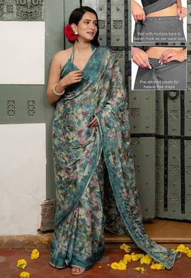 blue floral print chiffon ready to wear saree | pre draped party wear saree 2