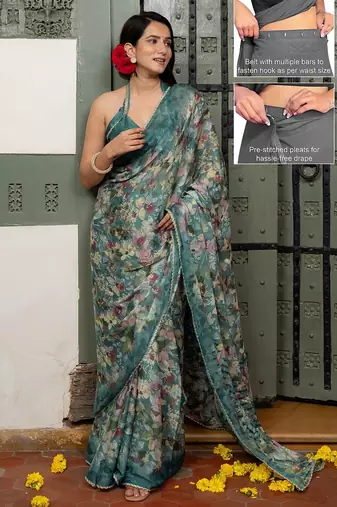 blue floral print chiffon ready to wear saree | pre draped party wear saree
