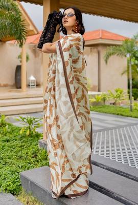cream leaf print satin georgette ready to wear saree | pre draped party wear saree 4
