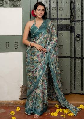 blue floral print chiffon ready to wear saree | pre draped party wear saree 1