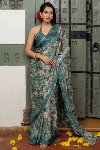 blue floral print chiffon ready to wear saree | pre draped party wear saree