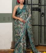 blue floral print chiffon ready to wear saree | pre draped party wear saree