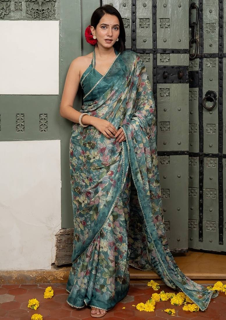 blue floral print chiffon ready to wear saree | pre draped party wear saree