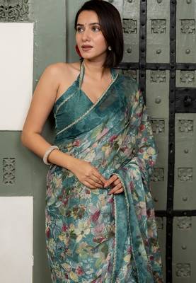 blue floral print chiffon ready to wear saree | pre draped party wear saree 3