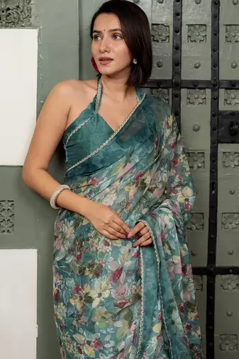 blue floral print chiffon ready to wear saree | pre draped party wear saree
