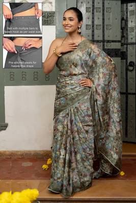 green floral print chiffon ready to wear saree | pre draped party wear saree 2