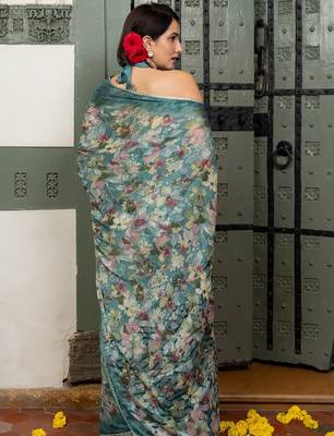 blue floral print chiffon ready to wear saree | pre draped party wear saree 4