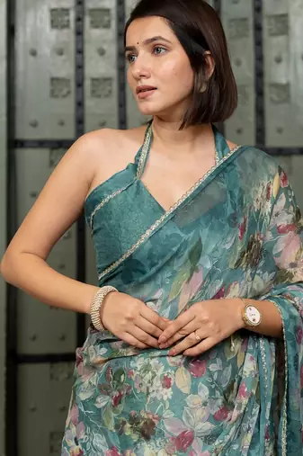 blue floral print chiffon ready to wear saree | pre draped party wear saree