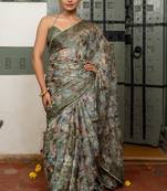 green floral print chiffon ready to wear saree | pre draped party wear saree