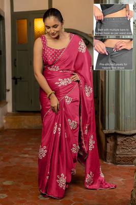 pink floral block print chiffon ready to wear saree | pre draped party wear saree 2