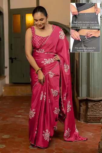 pink floral block print chiffon ready to wear saree | pre draped party wear saree