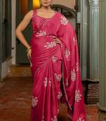 pink floral block print chiffon ready to wear saree | pre draped party wear saree