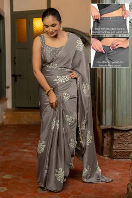 grey floral block print chiffon ready to wear saree | pre draped party wear saree 2