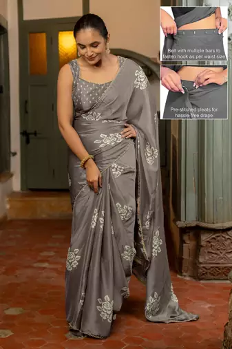grey floral block print chiffon ready to wear saree | pre draped party wear saree