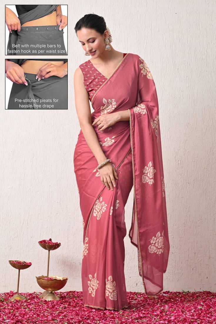 pink floral block print chiffon ready to wear saree | pre draped party wear saree
