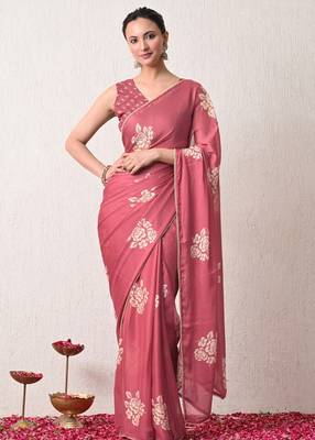pink floral block print chiffon ready to wear saree | pre draped party wear saree 2