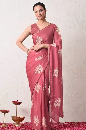 pink floral block print chiffon ready to wear saree | pre draped party wear saree