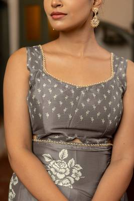 grey floral block print chiffon ready to wear saree | pre draped party wear saree 4