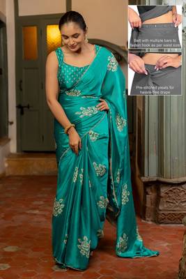 teal floral block print chiffon ready to wear saree | pre draped party wear saree 2