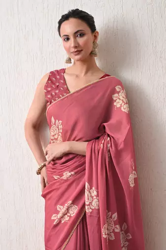 pink floral block print chiffon ready to wear saree | pre draped party wear saree