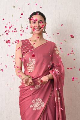 pink floral block print chiffon ready to wear saree | pre draped party wear saree 3