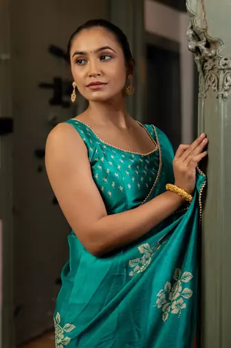 teal floral block print chiffon ready to wear saree | pre draped party wear saree