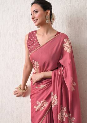 pink floral block print chiffon ready to wear saree | pre draped party wear saree 4