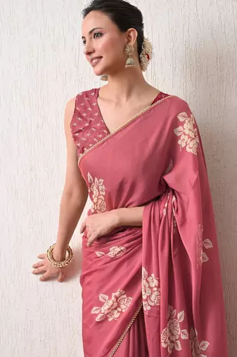 pink floral block print chiffon ready to wear saree | pre draped party wear saree