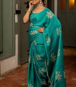 teal floral block print chiffon ready to wear saree | pre draped party wear saree
