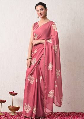 pink floral block print chiffon ready to wear saree | pre draped party wear saree 5