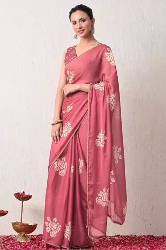 pink floral block print chiffon ready to wear saree | pre draped party wear saree