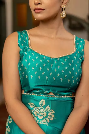 teal floral block print chiffon ready to wear saree | pre draped party wear saree