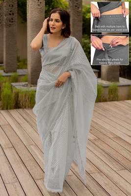 grey pastel print net ready to wear saree | pre draped party wear saree 2