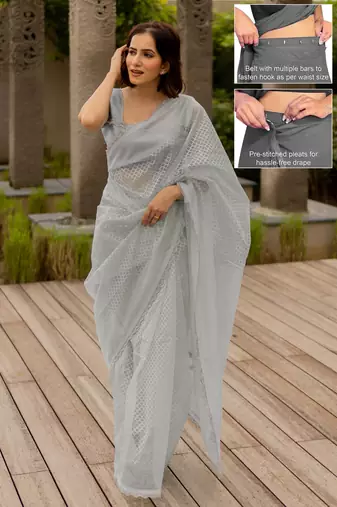 grey pastel print net ready to wear saree | pre draped party wear saree