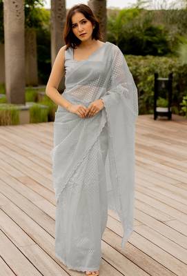 grey pastel print net ready to wear saree | pre draped party wear saree 1
