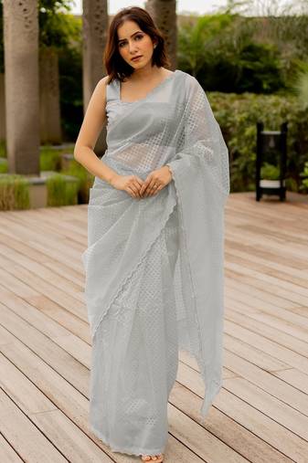 grey pastel print net ready to wear saree | pre draped party wear saree