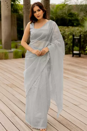 grey pastel print net ready to wear saree | pre draped party wear saree