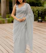 grey pastel print net ready to wear saree | pre draped party wear saree