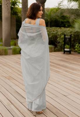 grey pastel print net ready to wear saree | pre draped party wear saree 3