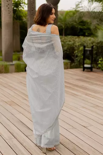 grey pastel print net ready to wear saree | pre draped party wear saree
